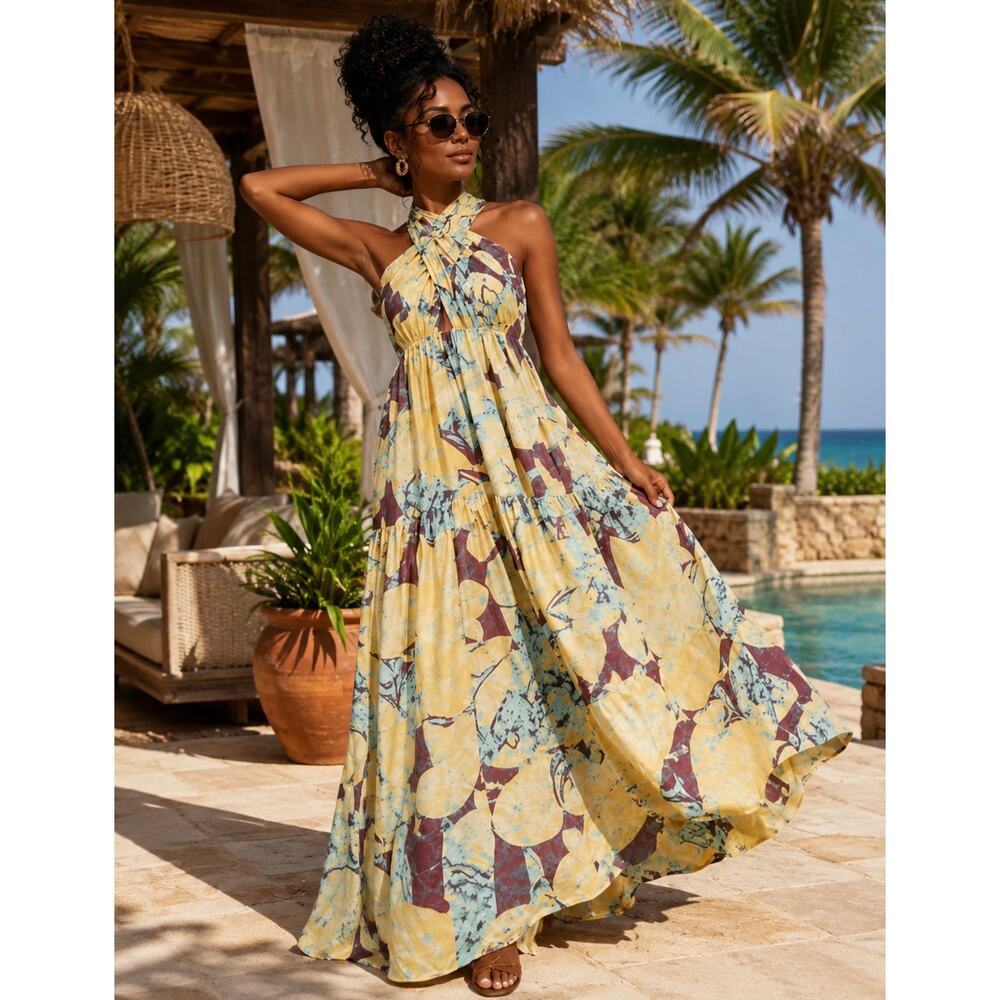 A.L.C. Veronica Abstract Halter Maxi Dress Open Back Resort Boho Floral